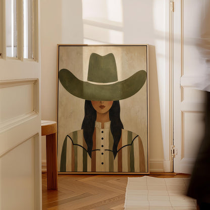 Cowgirl in olive hat and striped western shirt on sandy beige, canvas print styled against a soft white wall