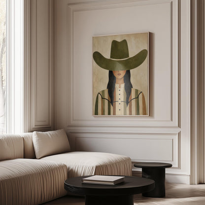Cowgirl in olive hat and striped western shirt on sandy beige, canvas print presented in a light, minimal room