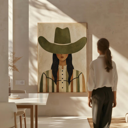 Cowgirl in olive hat and striped western shirt on sandy beige, canvas print on a quiet wall in a considered interior
