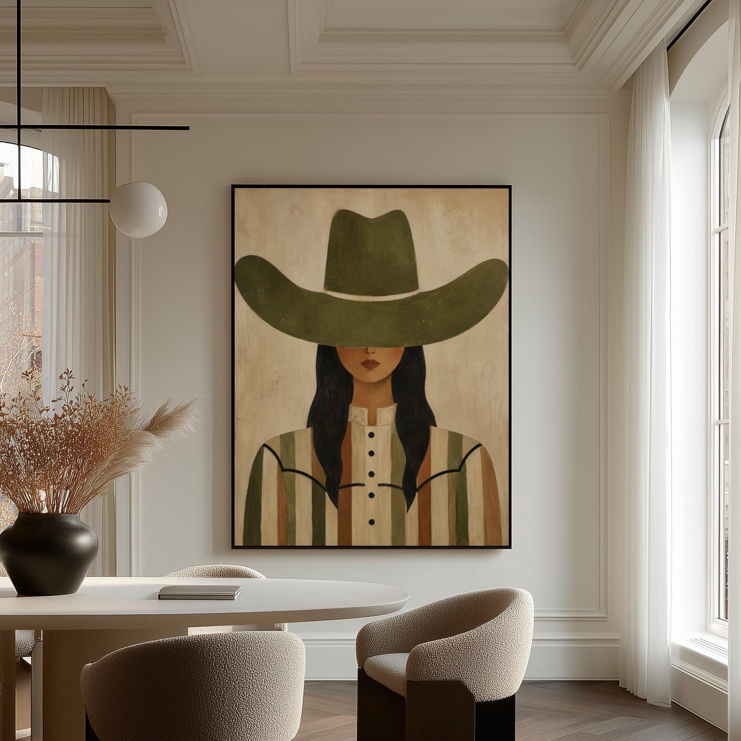 Cowgirl in olive hat and striped western shirt on sandy beige, canvas print displayed on a neutral wall in a styled interior