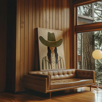 Cowgirl in olive hat and striped western shirt on sandy beige, canvas wall art hanging in a calm, modern living space