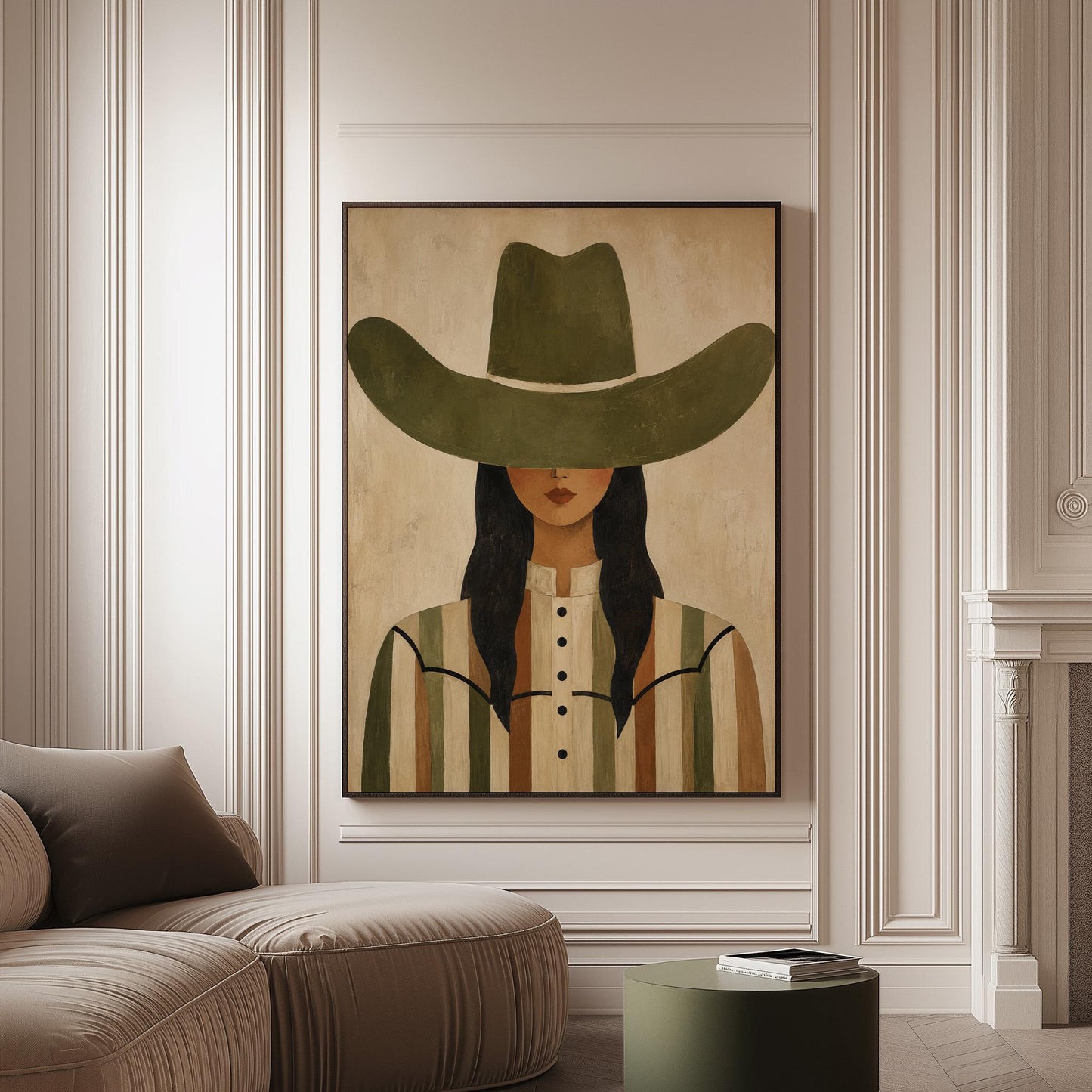 Cowgirl in olive hat and striped western shirt on sandy beige, canvas print on a softly lit wall in a calm interior