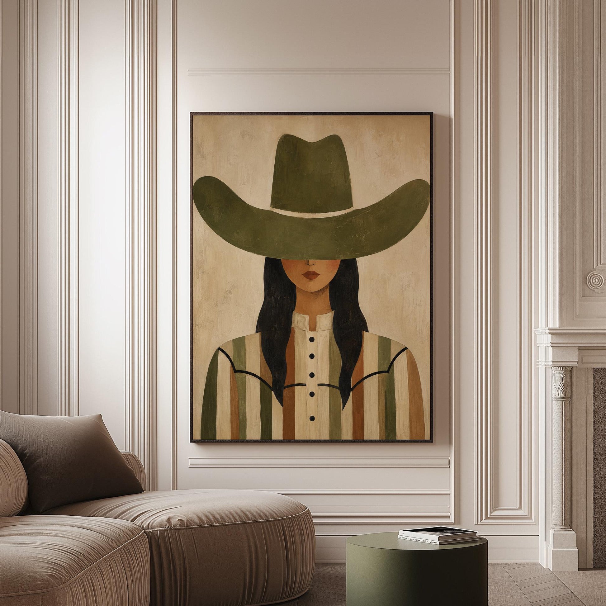 Cowgirl in olive hat and striped western shirt on sandy beige, canvas print on a softly lit wall in a calm interior