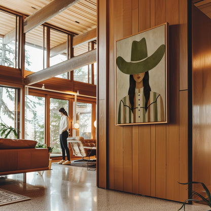 Cowgirl in olive hat and striped western shirt on sandy beige, canvas wall art presented in a light, minimal room