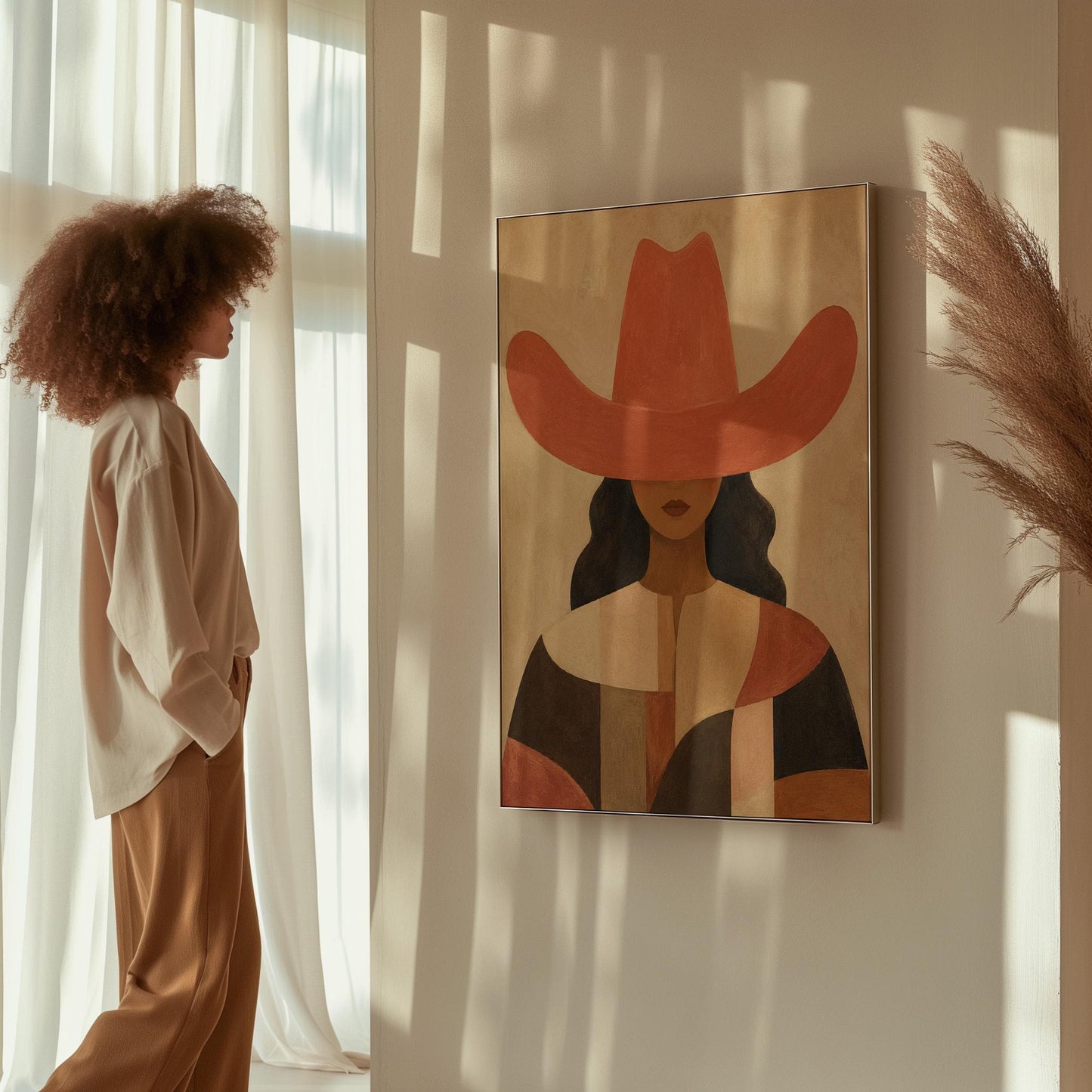 Cowgirl in a broad terracotta hat and patchwork western shirt, canvas print displayed on a neutral wall in a styled interior