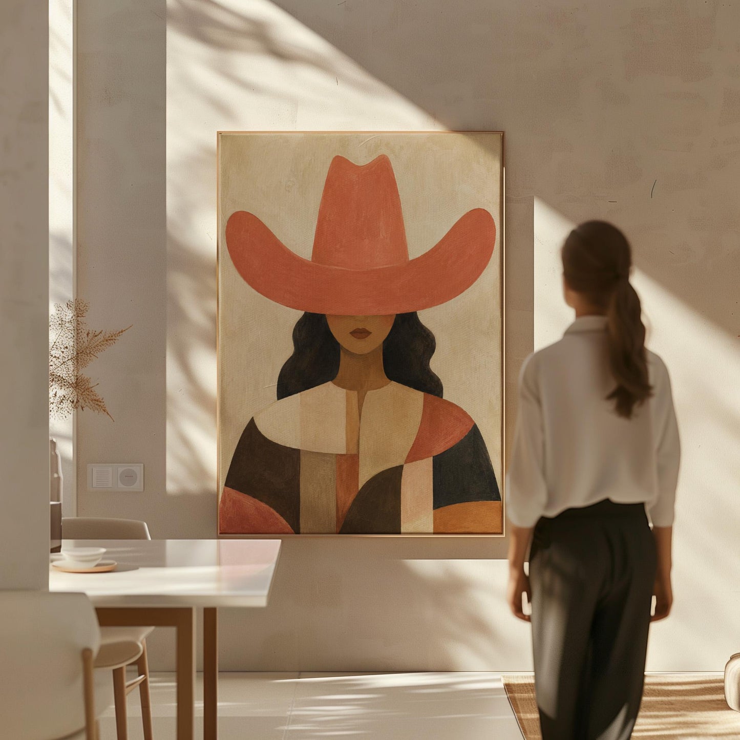 Cowgirl in a broad terracotta hat and patchwork western shirt, canvas print shown in a sunlit, contemporary room