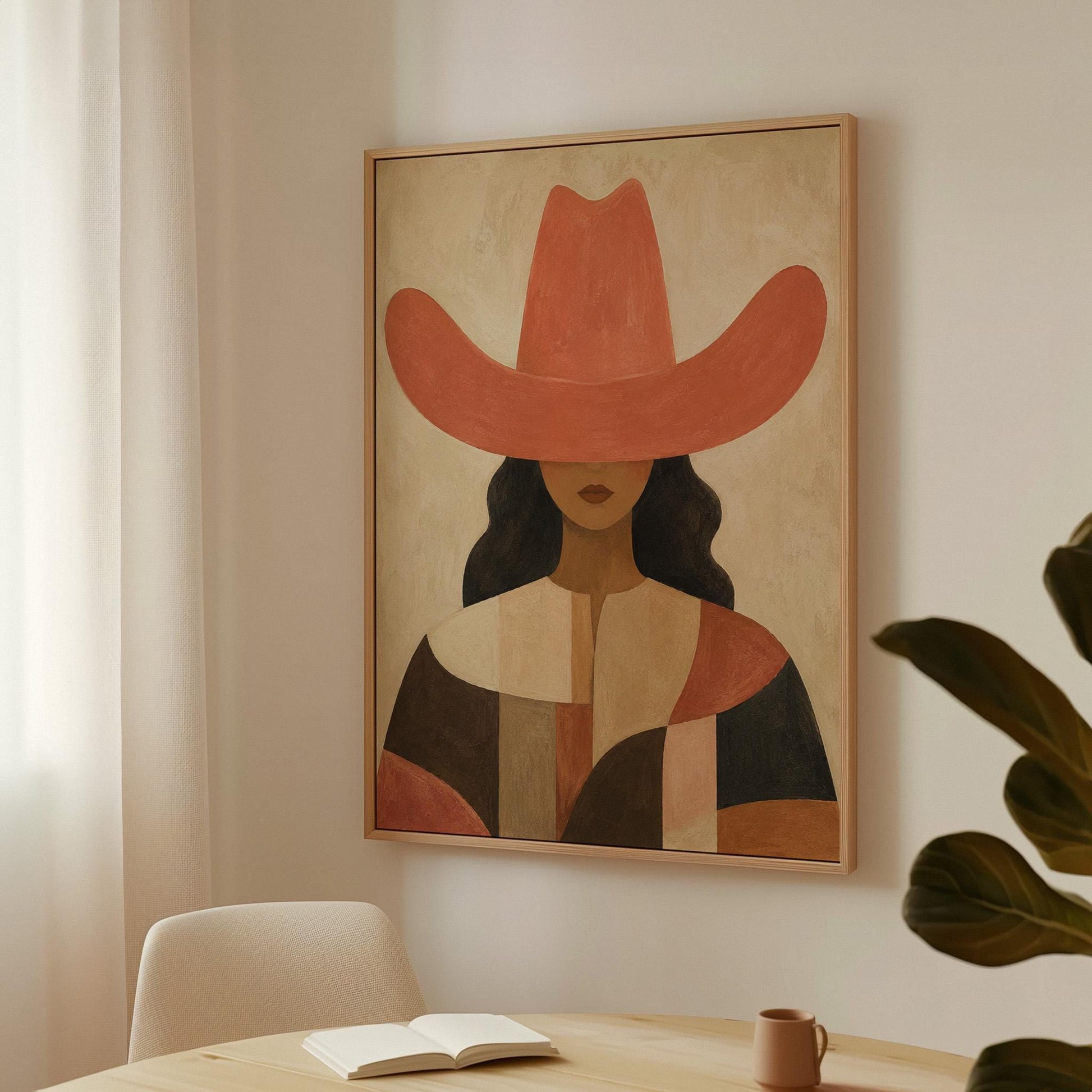 Cowgirl in a broad terracotta hat and patchwork western shirt, canvas wall art hanging in a calm, modern living space