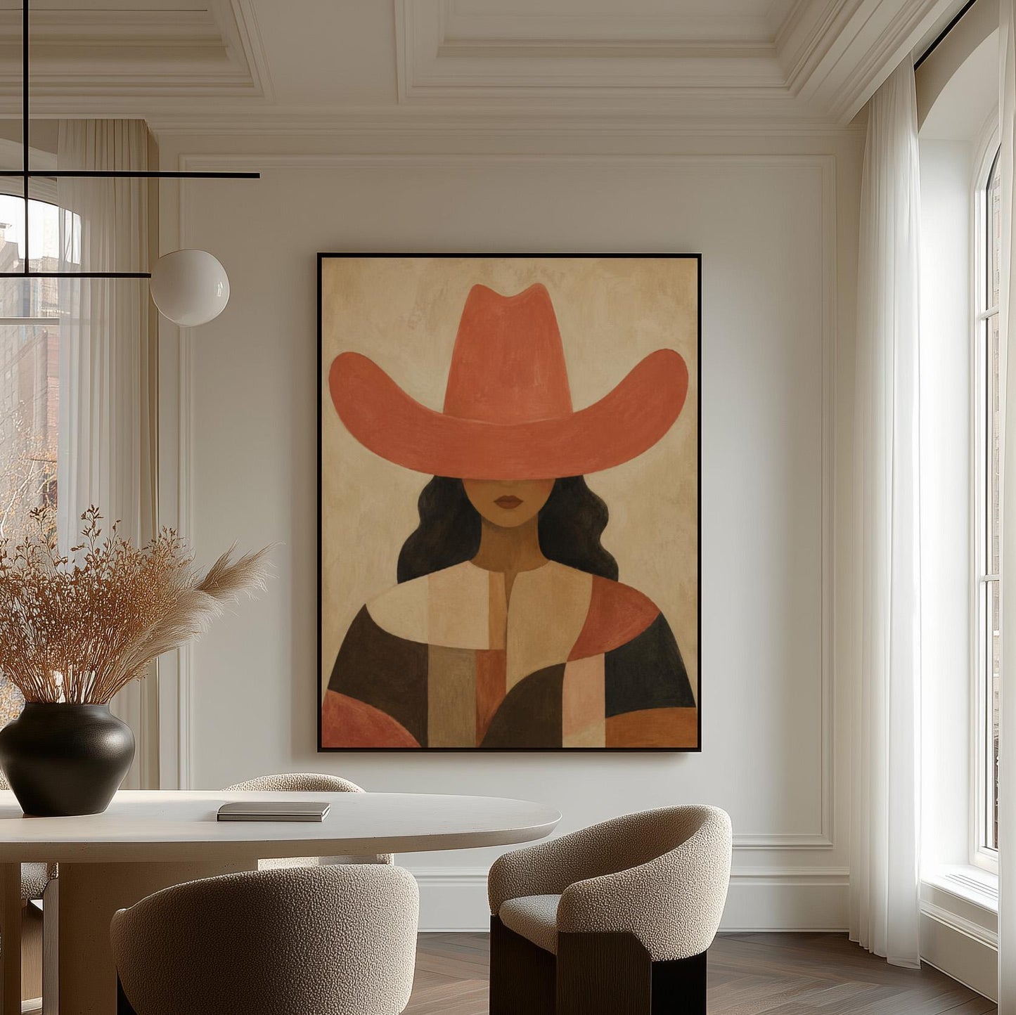 Cowgirl in a broad terracotta hat and patchwork western shirt, canvas print seen in a warm interior with natural light