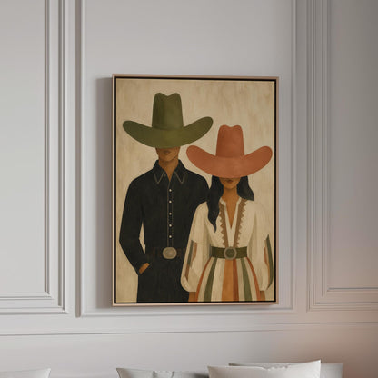 Cowboy and cowgirl standing side by side with hats tipped low, canvas print in a bright room with natural daylight
