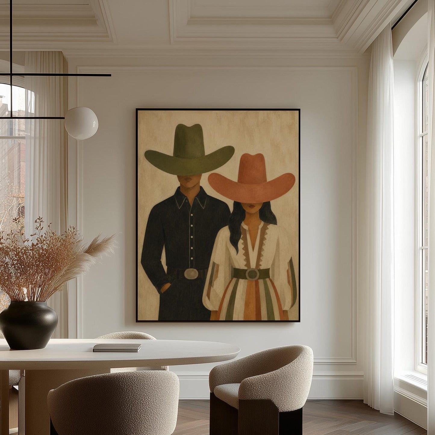 Cowboy and cowgirl standing side by side with hats tipped low, canvas print styled against a soft white wall