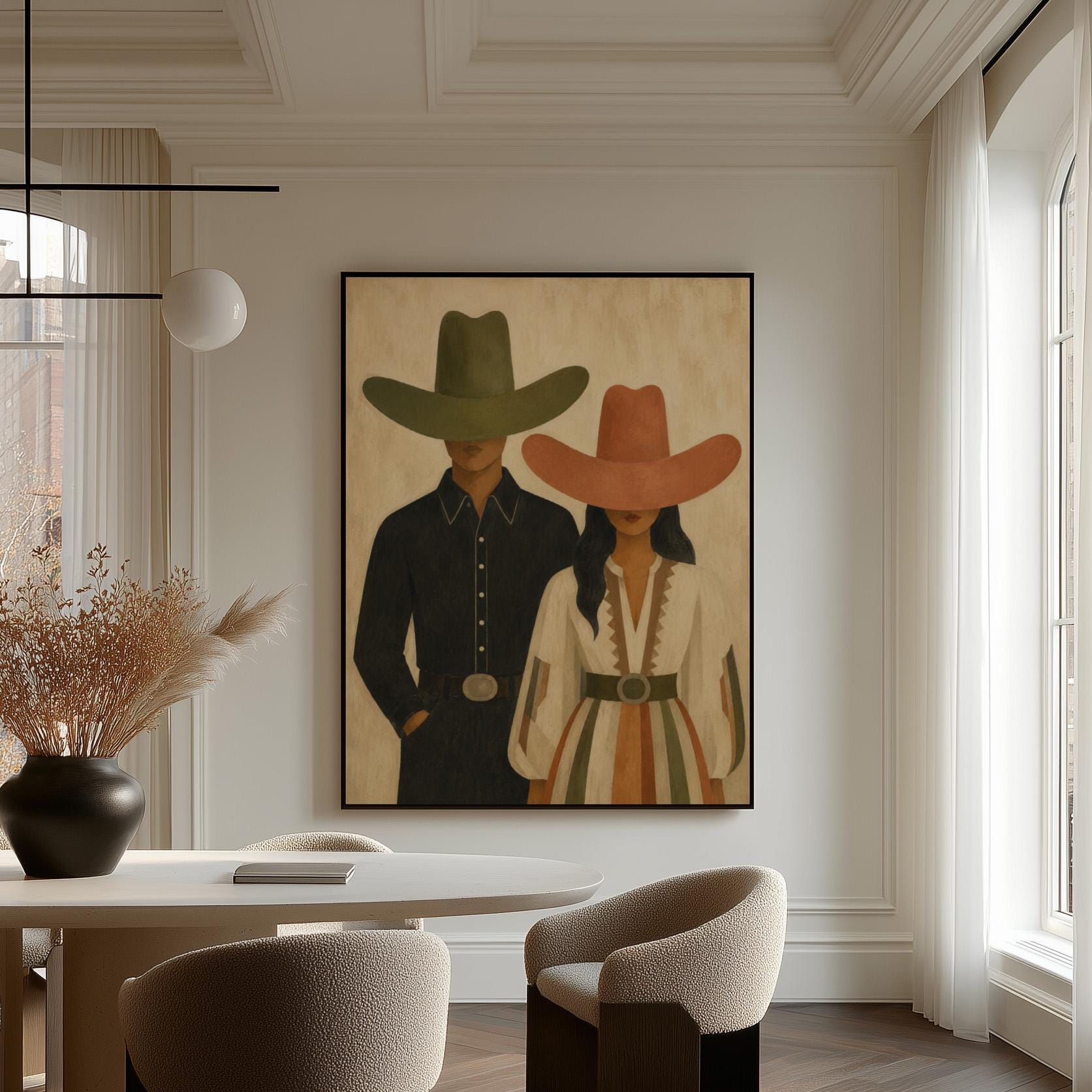 Cowboy and cowgirl standing side by side with hats tipped low, canvas print styled against a soft white wall