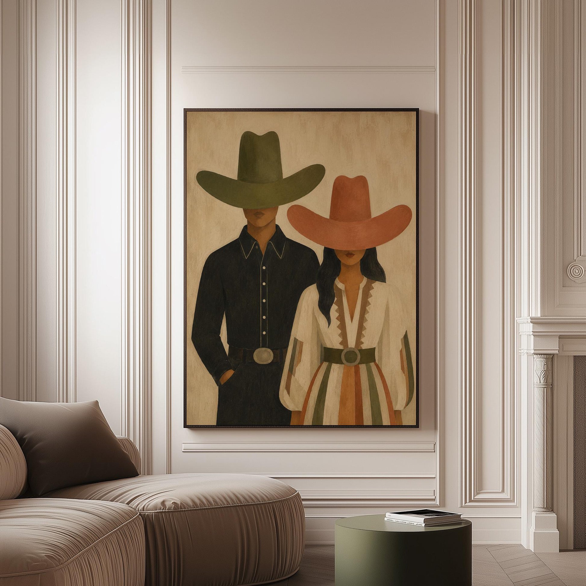 Cowboy and cowgirl standing side by side with hats tipped low, canvas print on a softly lit wall in a calm interior