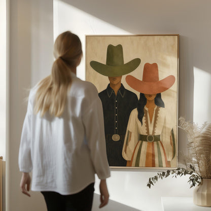 Cowboy and cowgirl standing side by side with hats tipped low, canvas print on a quiet wall in a considered interior