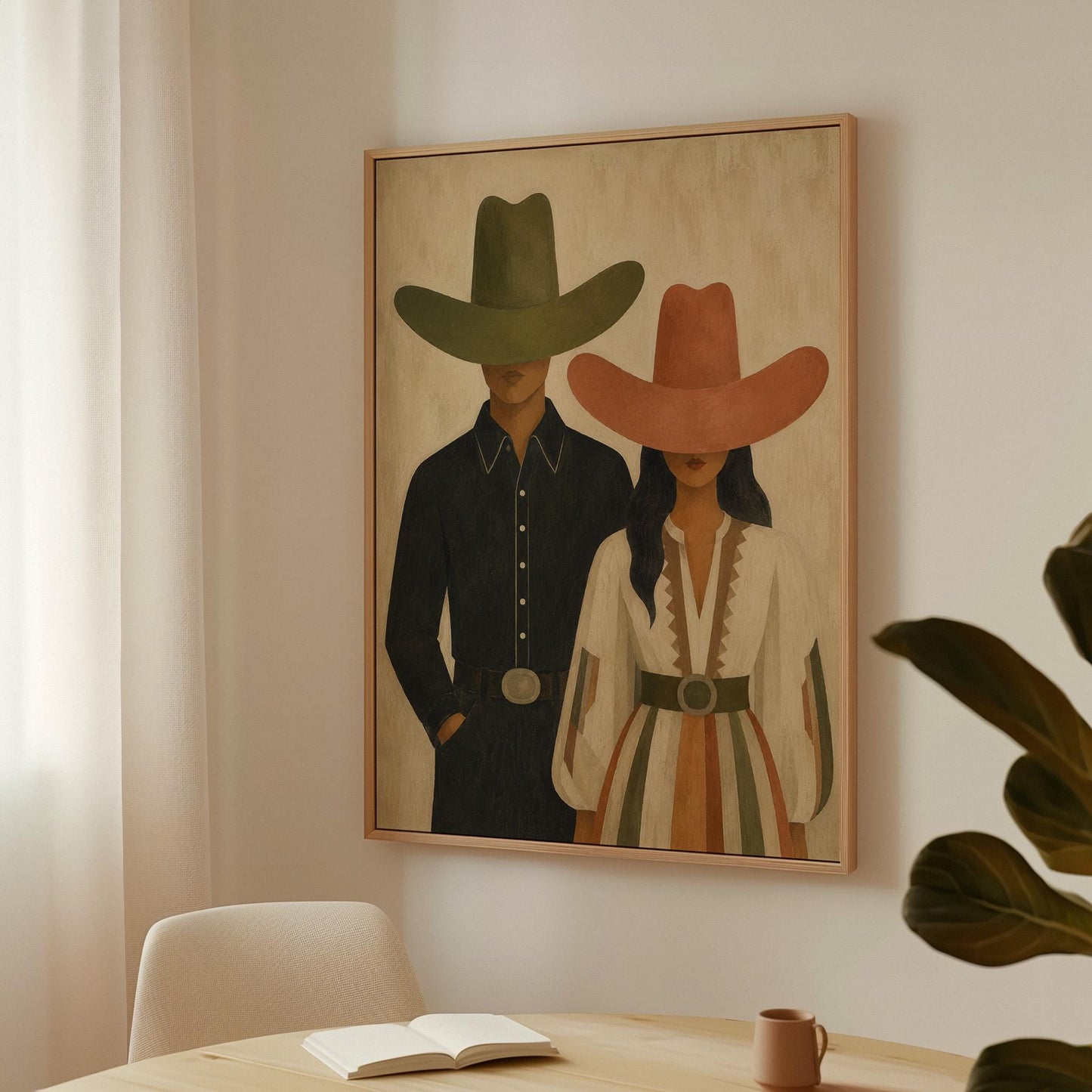 Cowboy and cowgirl standing side by side with hats tipped low, canvas wall art presented in a light, minimal room