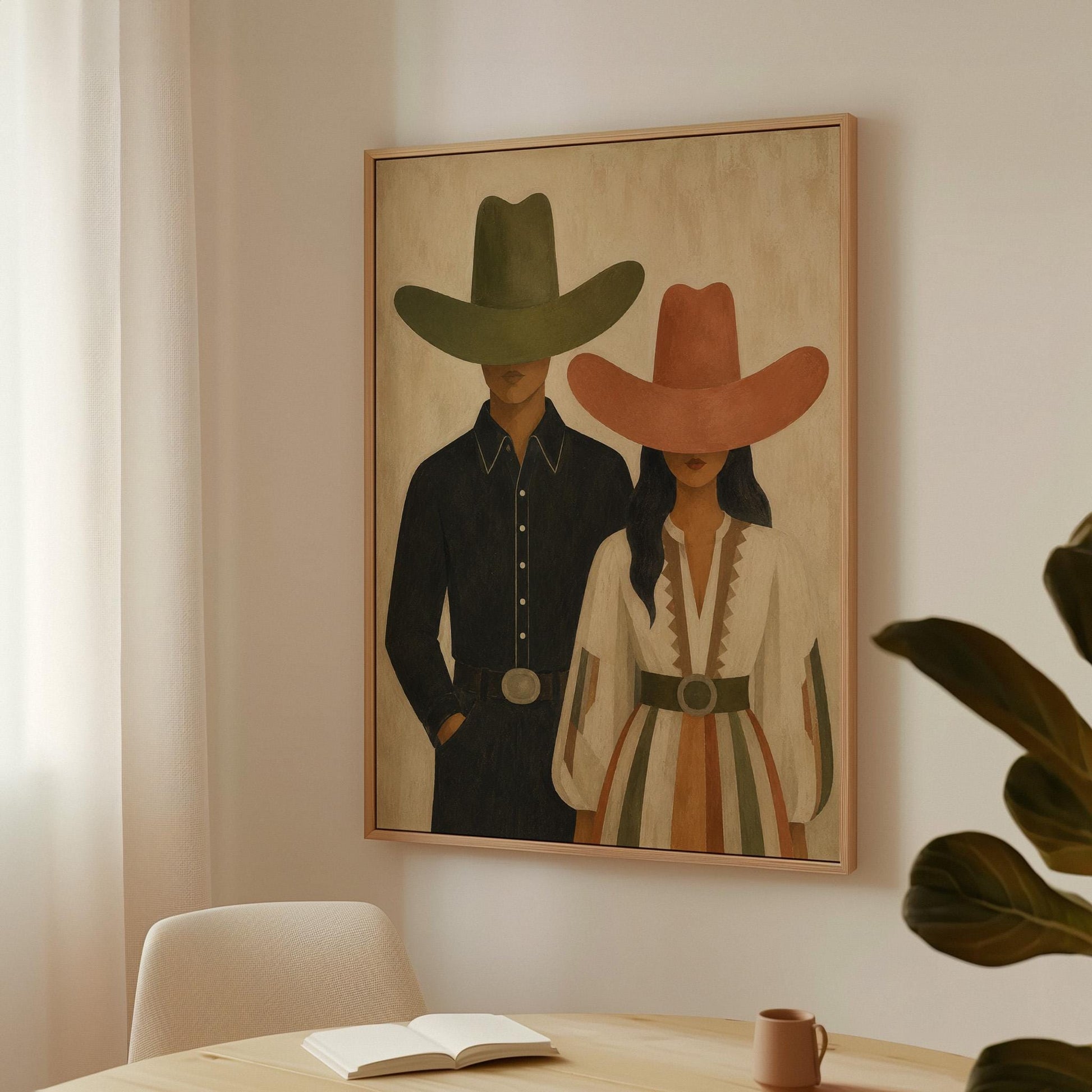 Cowboy and cowgirl standing side by side with hats tipped low, canvas wall art presented in a light, minimal room