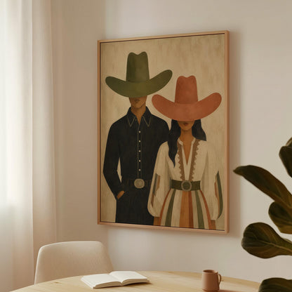 Cowboy and cowgirl standing side by side with hats tipped low, canvas wall art presented in a light, minimal room