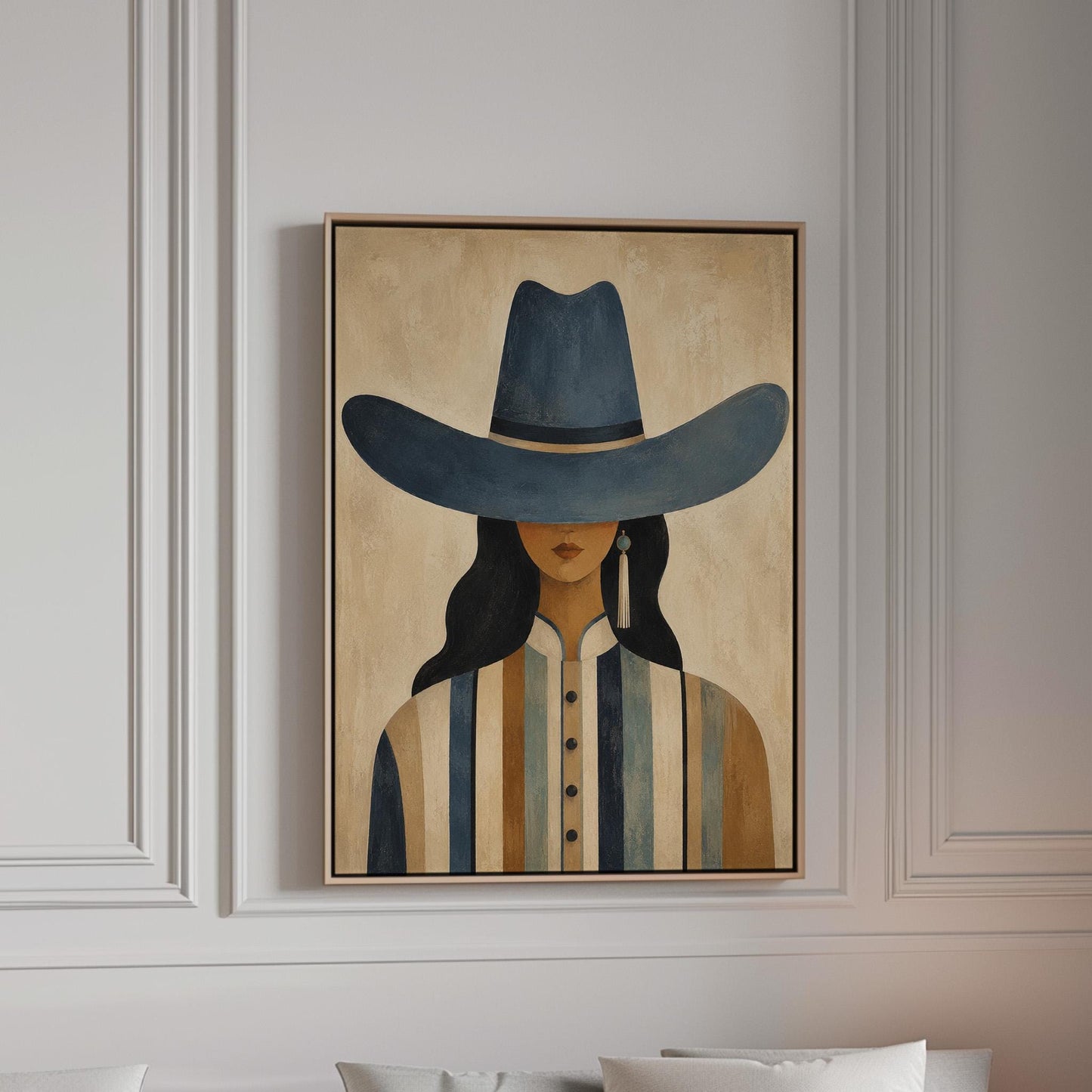 Cowgirl in a slate blue hat and striped shirt on warm sand, canvas print in a bright room with natural daylight