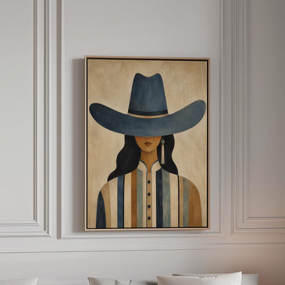 Cowgirl in a slate blue hat and striped shirt on warm sand, canvas print in a bright room with natural daylight