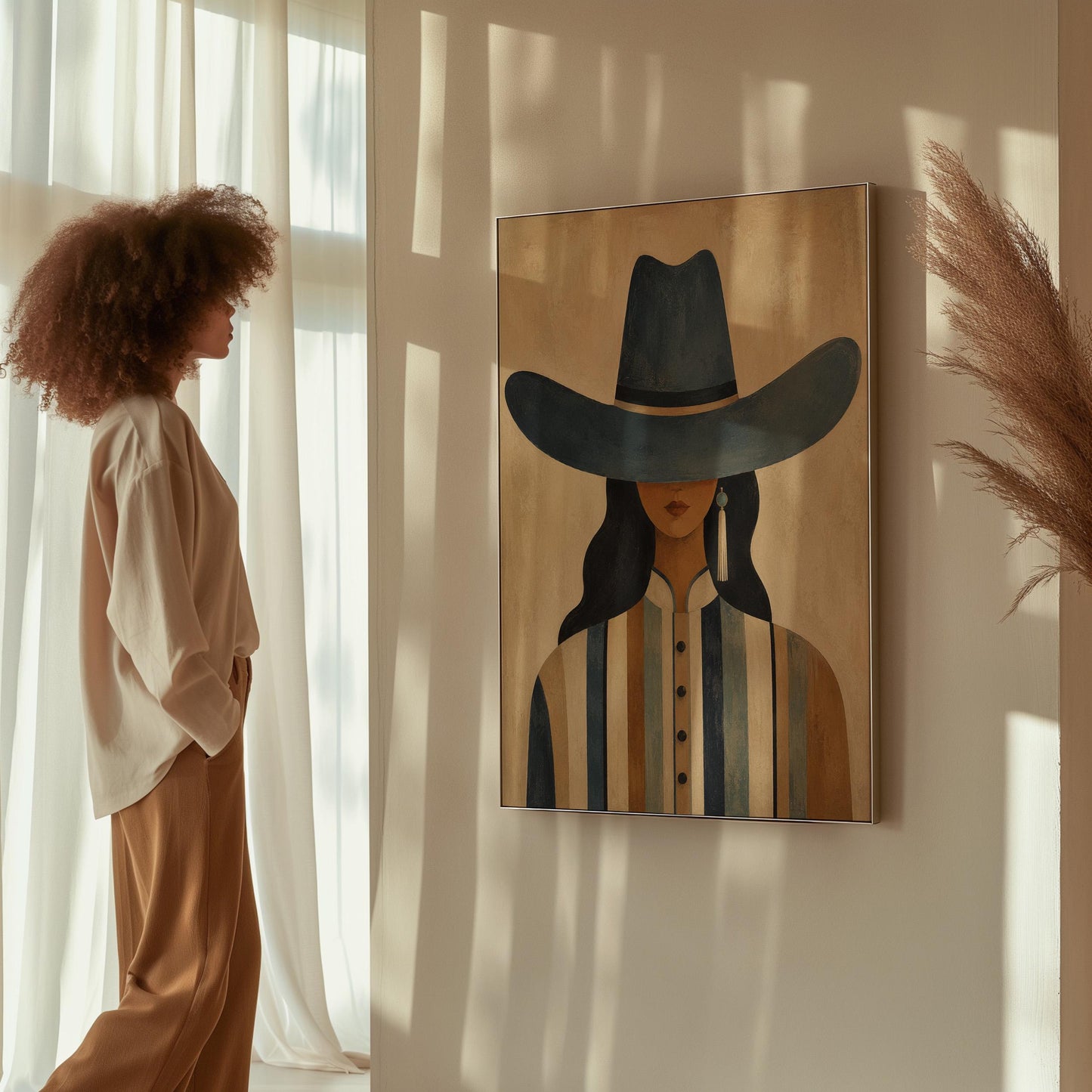 Cowgirl in a slate blue hat and striped shirt on warm sand, canvas print on a quiet wall in a considered interior