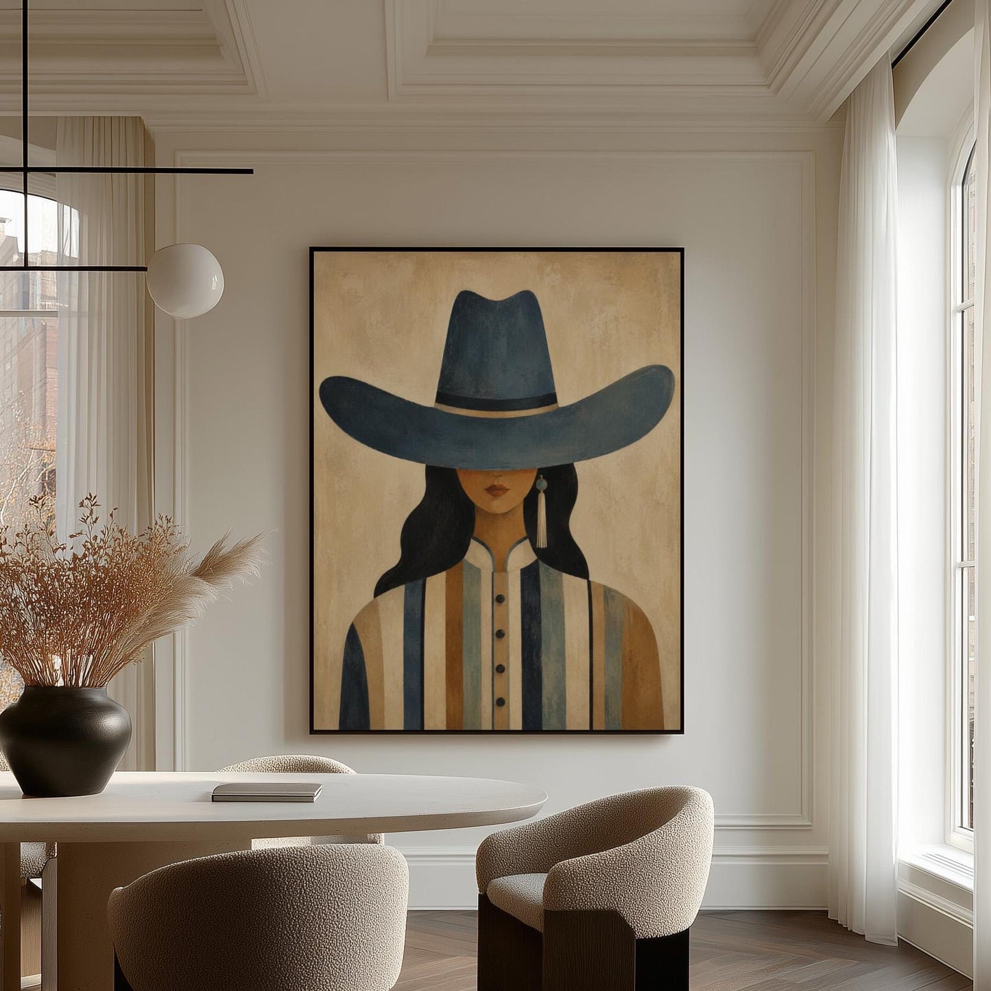Cowgirl in a slate blue hat and striped shirt on warm sand, canvas print displayed on a neutral wall in a styled interior