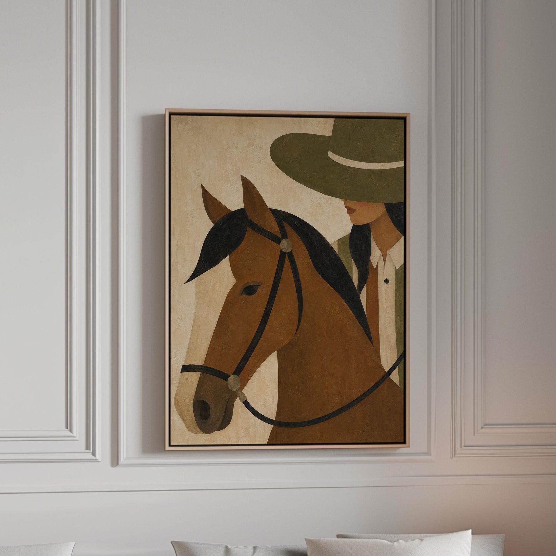 Bay horse in a bridle with a cowgirl in an olive hat behind, canvas print in a bright room with natural daylight