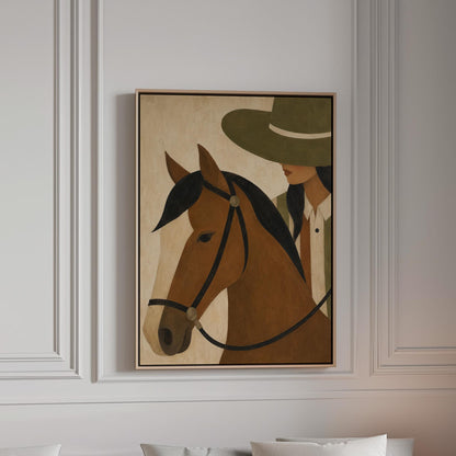Bay horse in a bridle with a cowgirl in an olive hat behind, canvas print in a bright room with natural daylight