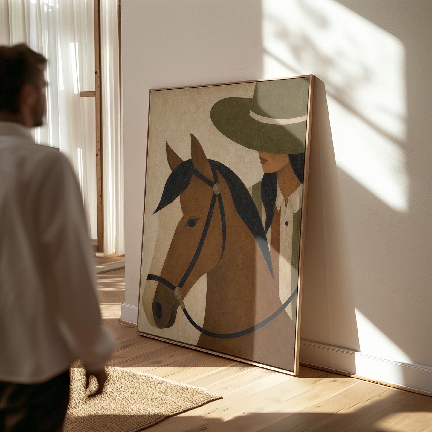 Bay horse in a bridle with a cowgirl in an olive hat behind, canvas print styled against a soft white wall