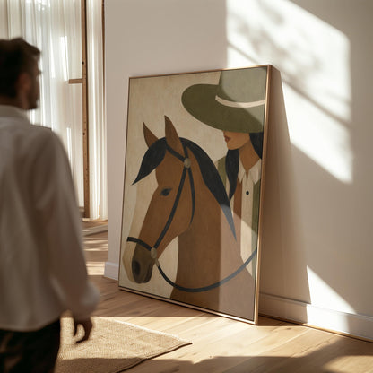 Bay horse in a bridle with a cowgirl in an olive hat behind, canvas print styled against a soft white wall