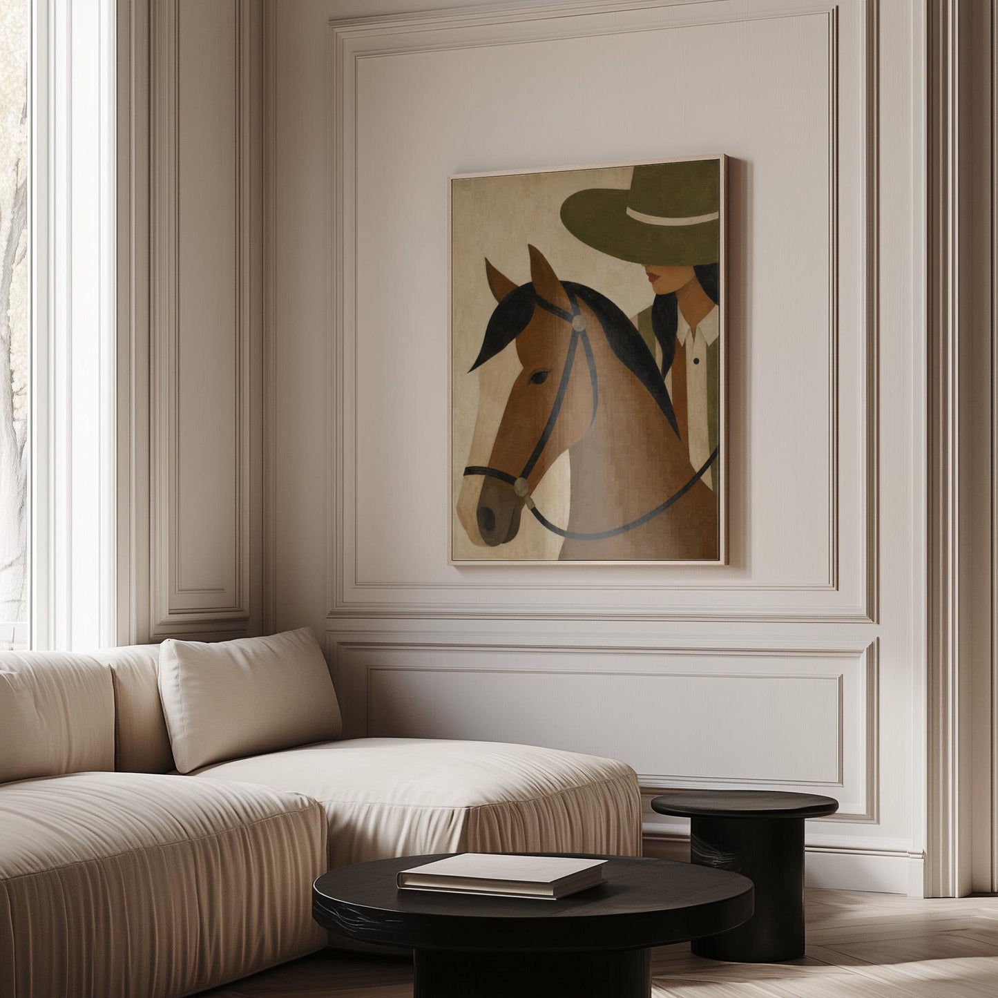 Bay horse in a bridle with a cowgirl in an olive hat behind, canvas print displayed on a neutral wall in a styled interior