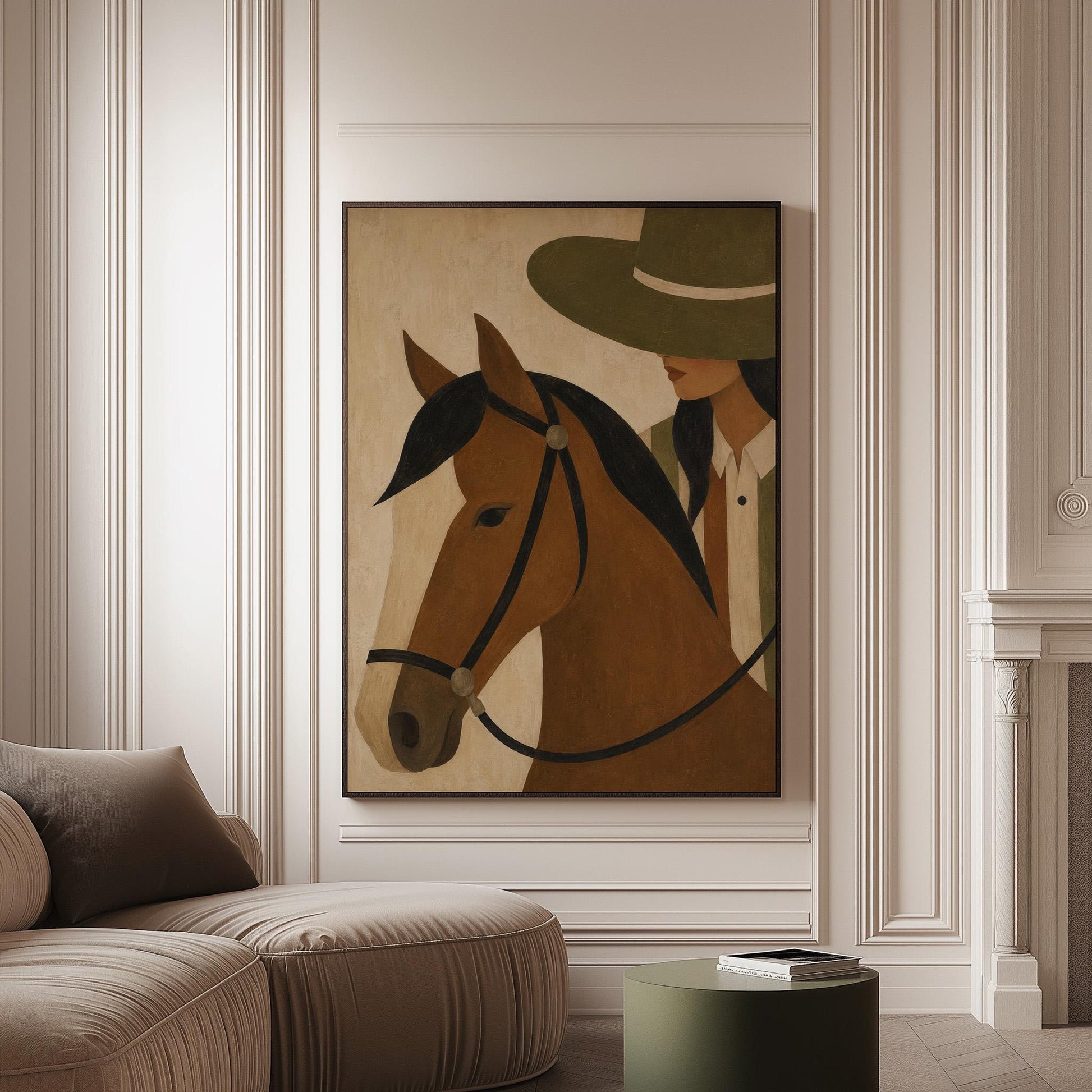 Bay horse in a bridle with a cowgirl in an olive hat behind, canvas print on a softly lit wall in a calm interior