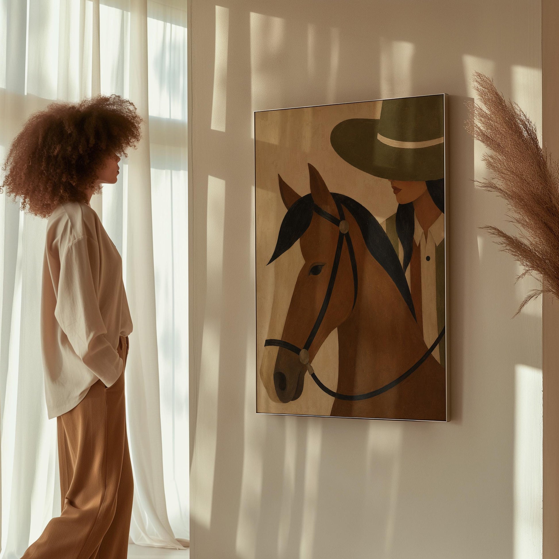 Bay horse in a bridle with a cowgirl in an olive hat behind, canvas wall art seen in a warm interior with natural light