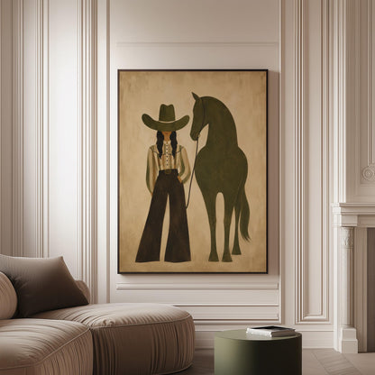 Cowgirl in wide trousers leading a flat olive green horse, canvas print on a softly lit wall in a calm interior