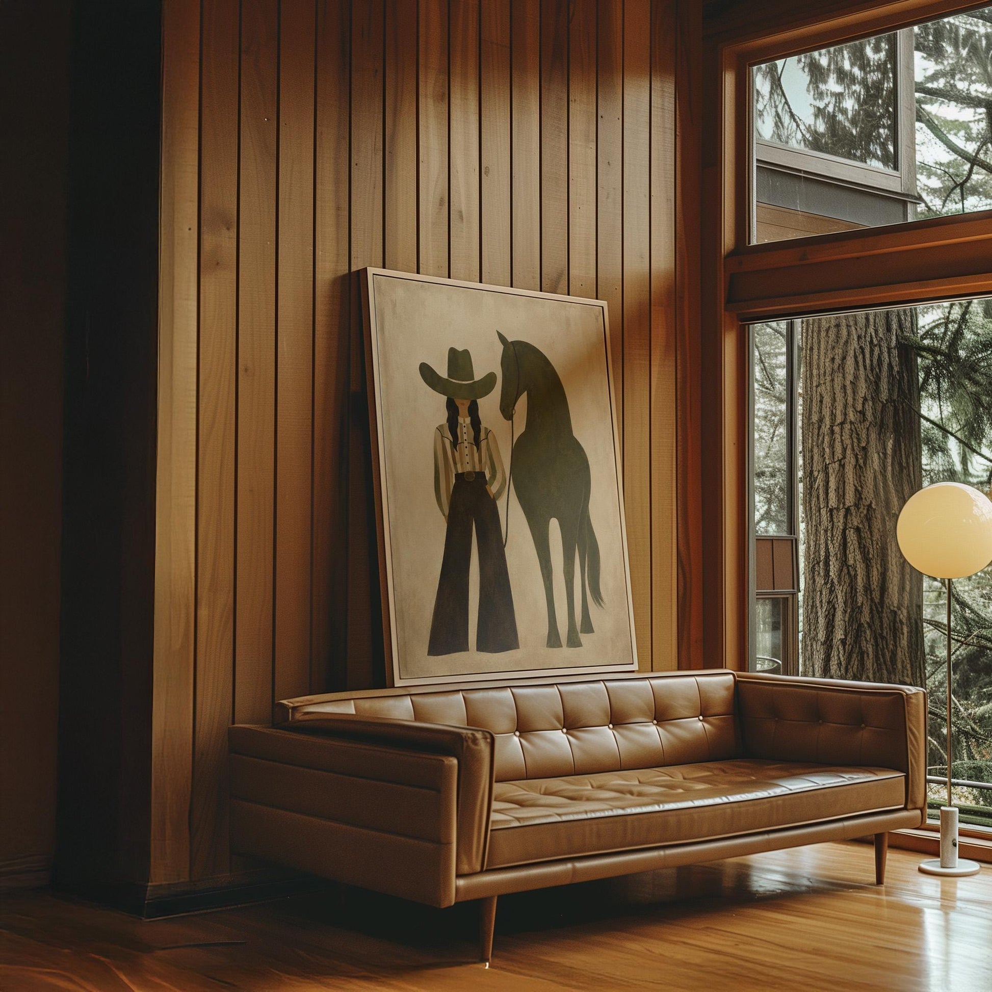 Cowgirl in wide trousers leading a flat olive green horse, canvas print styled against a soft white wall