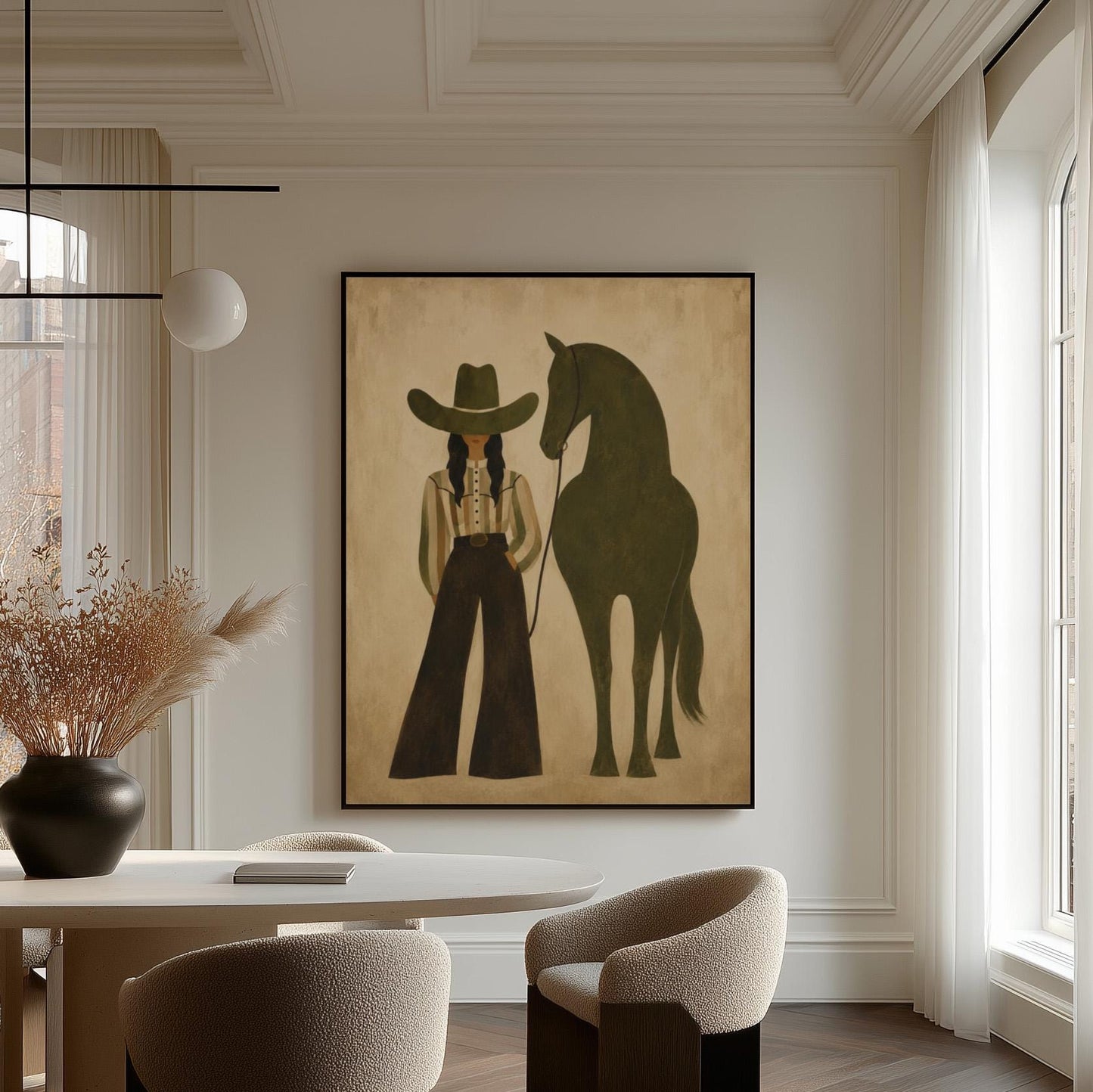 Cowgirl in wide trousers leading a flat olive green horse, canvas print seen in a warm interior with natural light