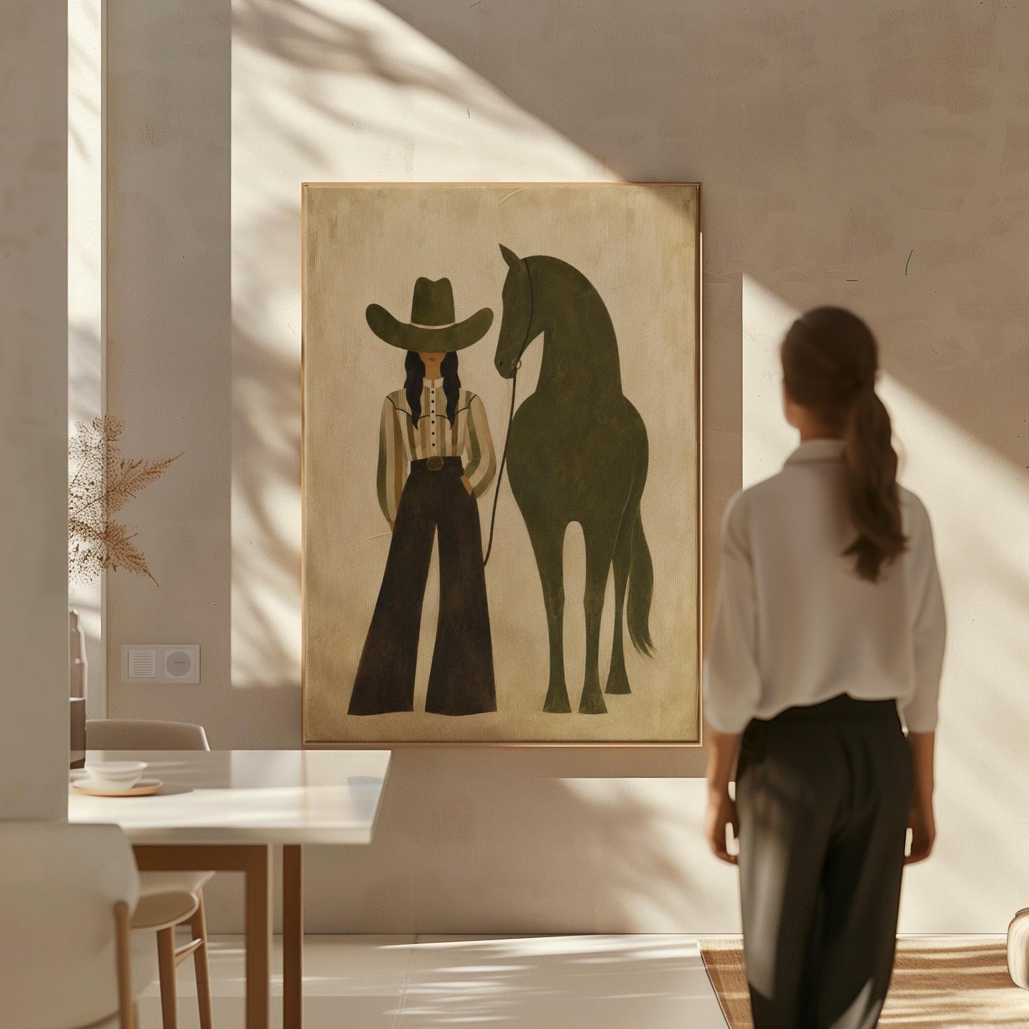 Cowgirl in wide trousers leading a flat olive green horse, canvas print shown to scale in a furnished room