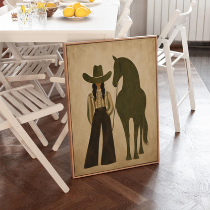 Cowgirl in wide trousers leading a flat olive green horse, canvas wall art presented in a light, minimal room