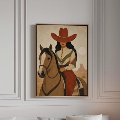 Cowgirl in a red hat riding a bay horse across an ochre desert, canvas print in a bright room with natural daylight