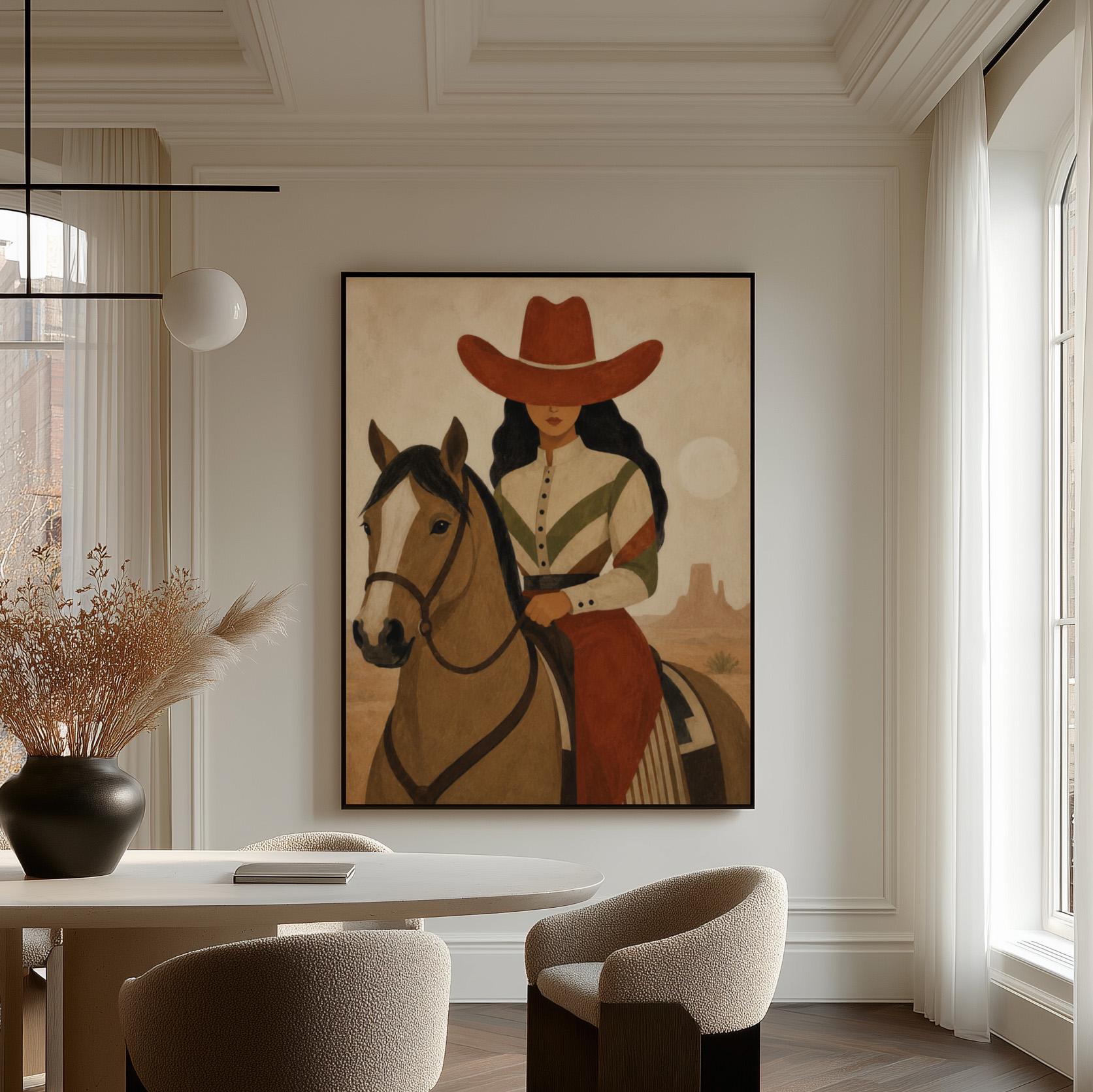 Cowgirl in a red hat riding a bay horse across an ochre desert, canvas print styled against a soft white wall