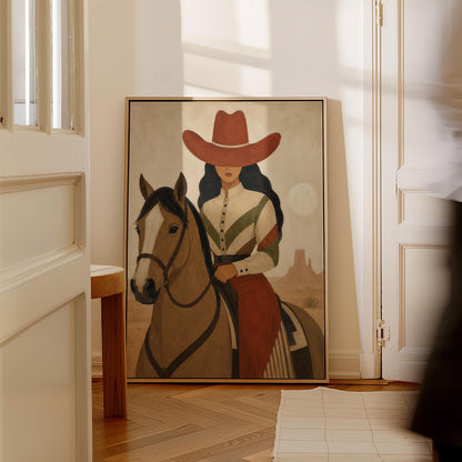 Cowgirl in a red hat riding a bay horse across an ochre desert, canvas print presented in a light, minimal room