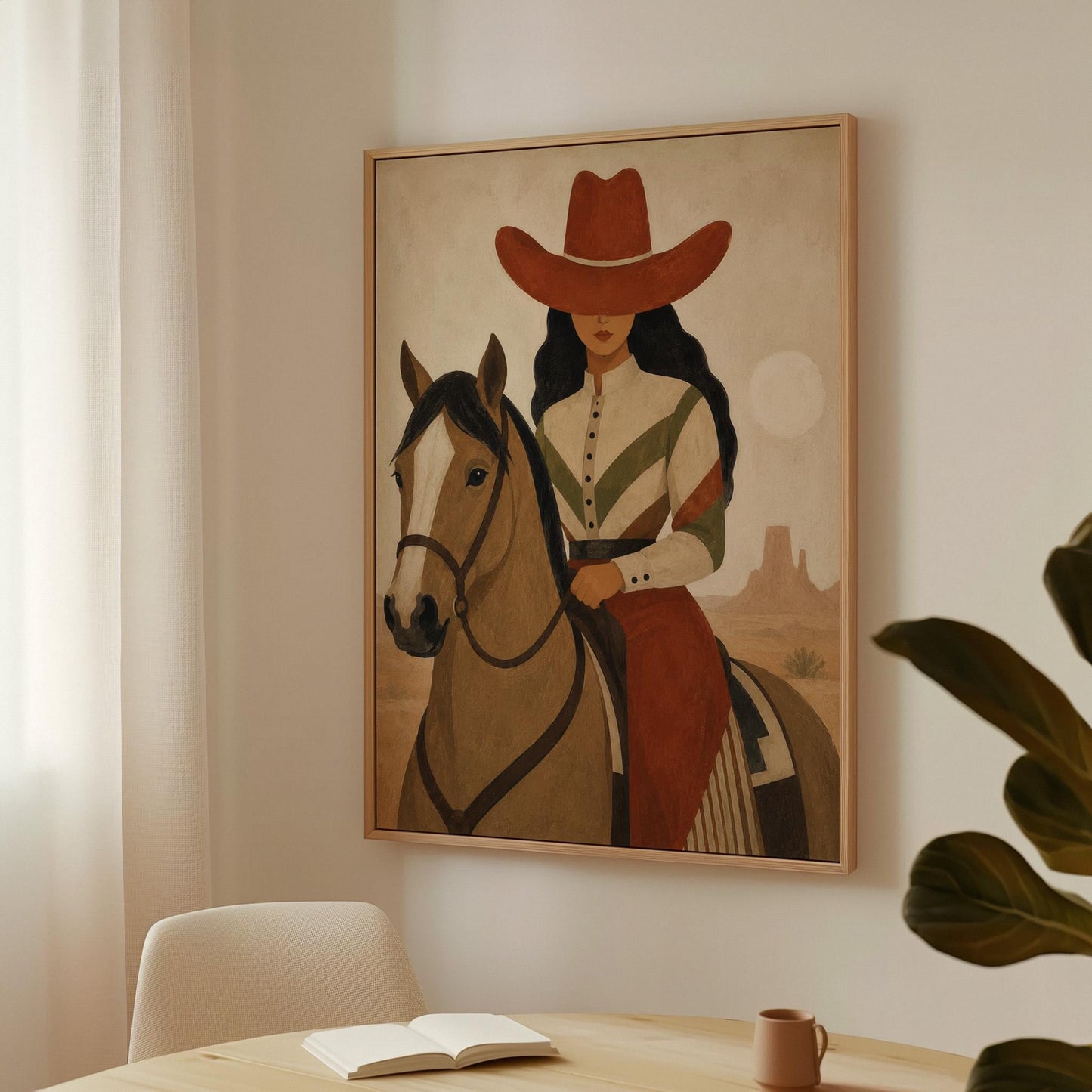 Cowgirl in a red hat riding a bay horse across an ochre desert, canvas print hanging in a calm, modern living space