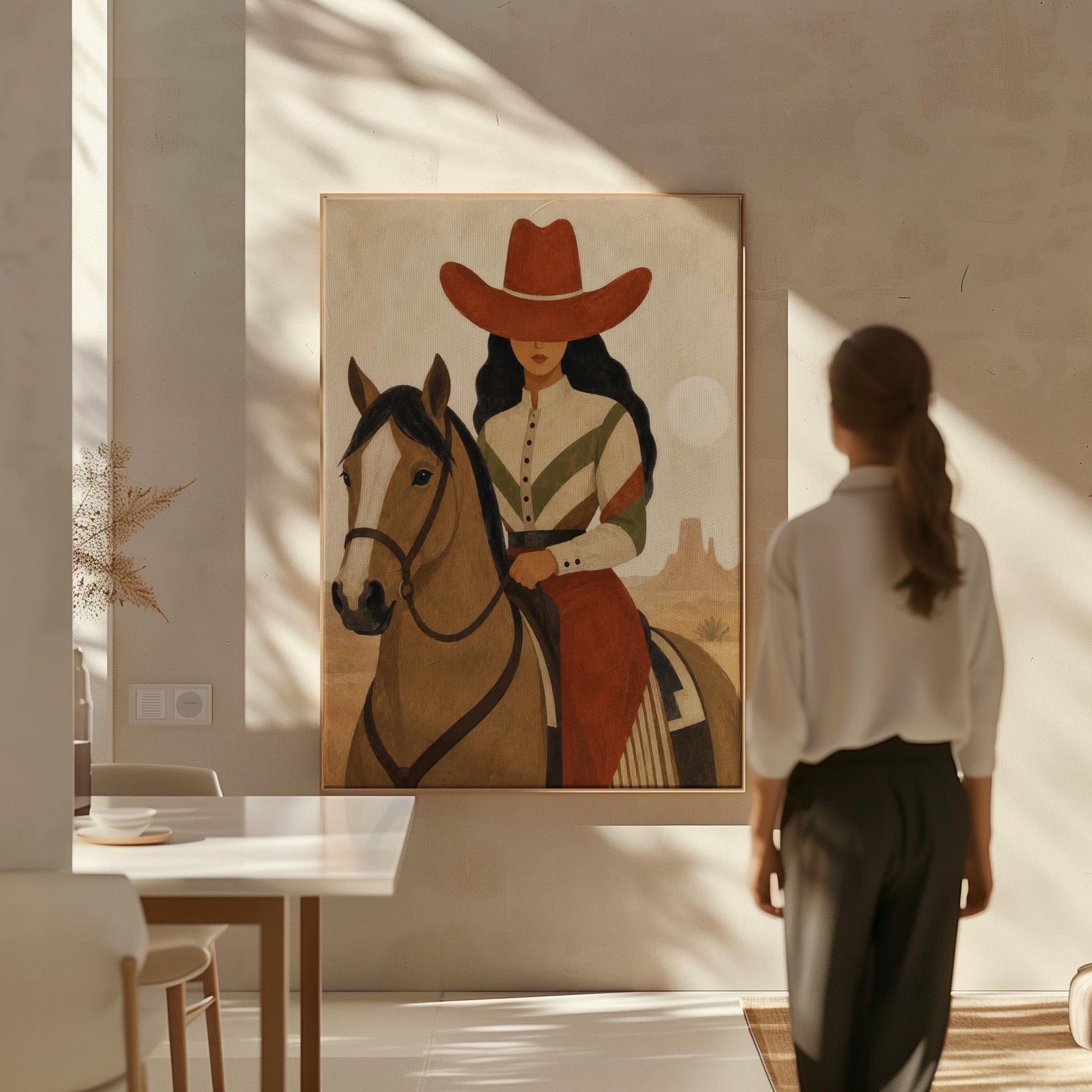 Cowgirl in a red hat riding a bay horse across an ochre desert, canvas wall art presented in a light, minimal room