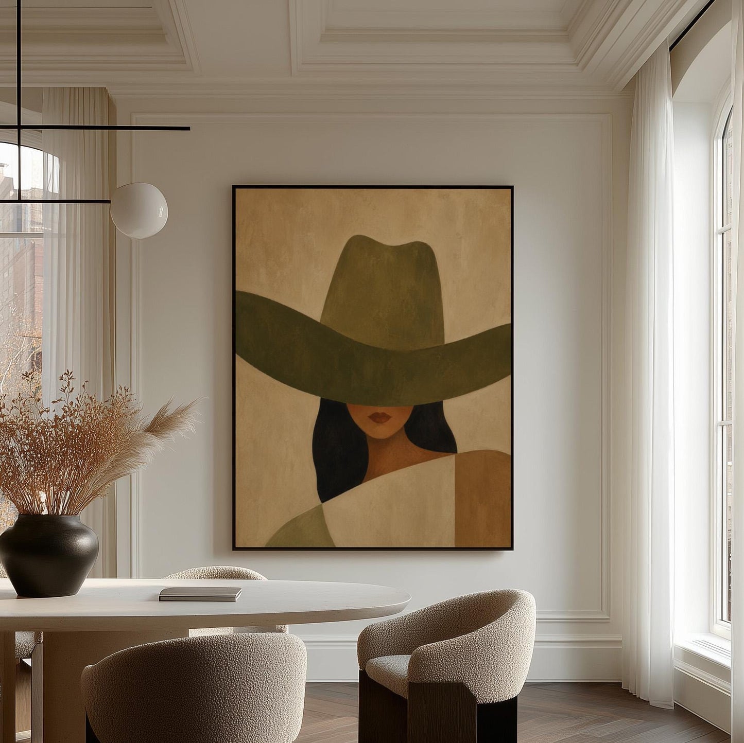 Cropped cowgirl face beneath the sweeping brim of a large olive hat, canvas print styled against a soft white wall