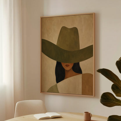 Cropped cowgirl face beneath the sweeping brim of a large olive hat, canvas print on a quiet wall in a considered interior