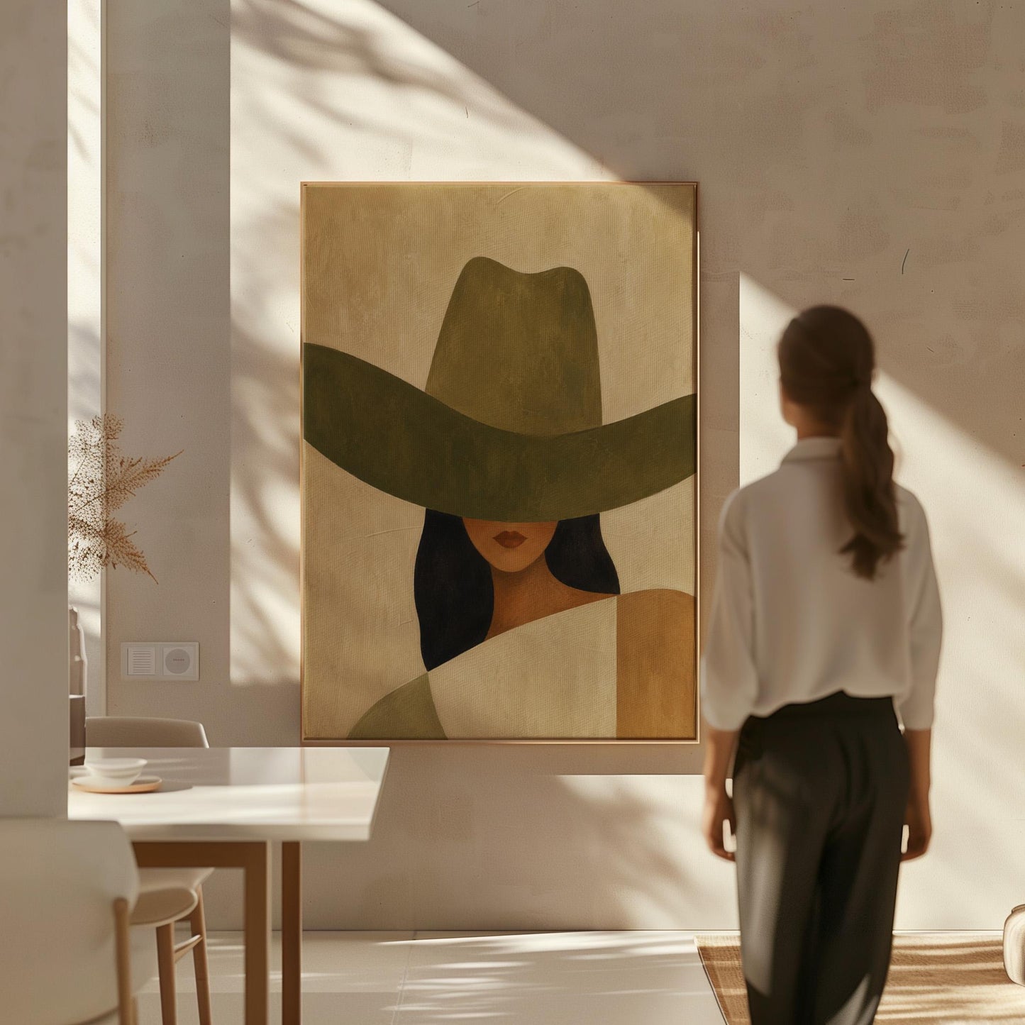 Cropped cowgirl face beneath the sweeping brim of a large olive hat, canvas print displayed on a neutral wall in a styled interior
