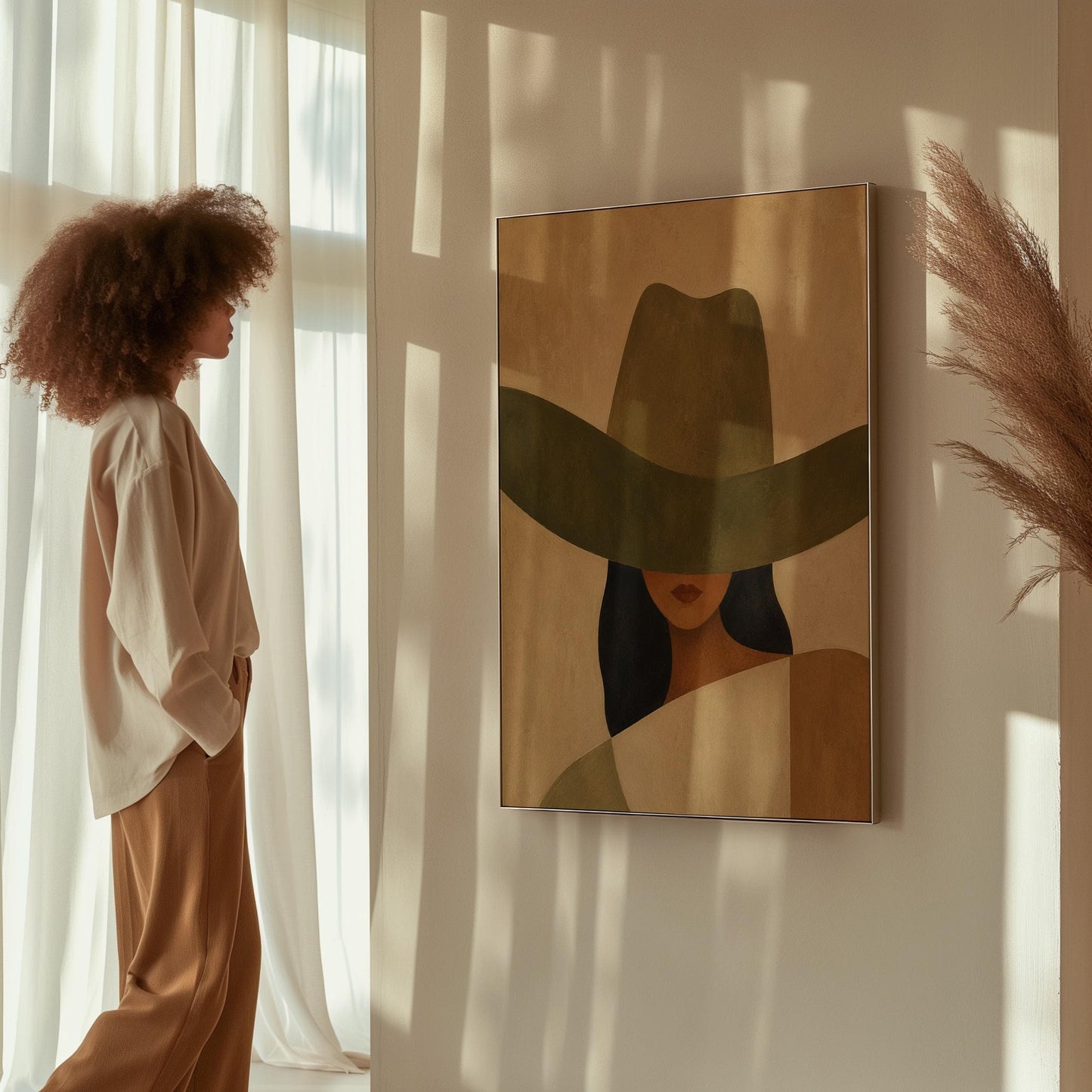 Cropped cowgirl face beneath the sweeping brim of a large olive hat, canvas wall art hanging in a calm, modern living space
