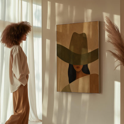 Cropped cowgirl face beneath the sweeping brim of a large olive hat, canvas wall art hanging in a calm, modern living space