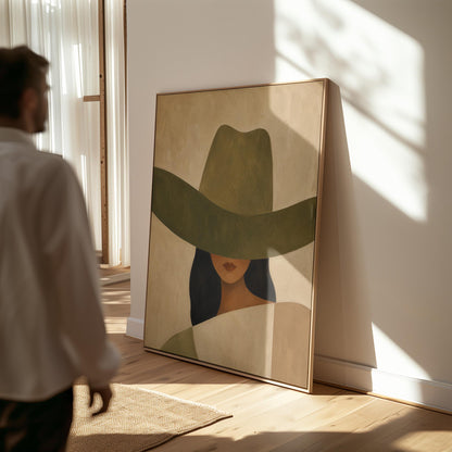 Cropped cowgirl face beneath the sweeping brim of a large olive hat, canvas wall art seen in a warm interior with natural light