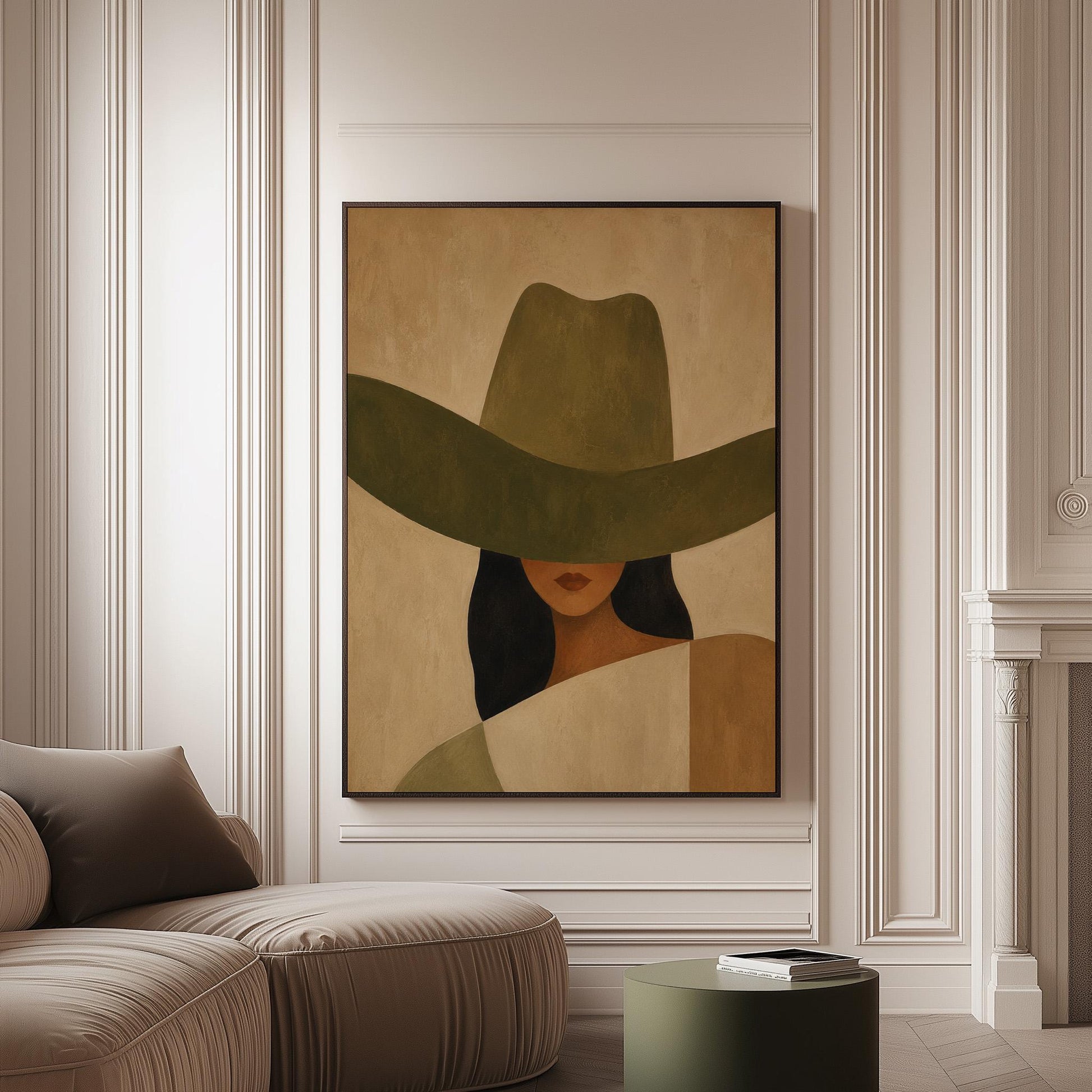 Cropped cowgirl face beneath the sweeping brim of a large olive hat, canvas print on a softly lit wall in a calm interior