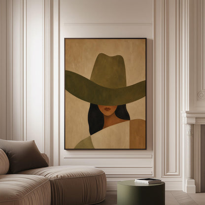 Cropped cowgirl face beneath the sweeping brim of a large olive hat, canvas print on a softly lit wall in a calm interior