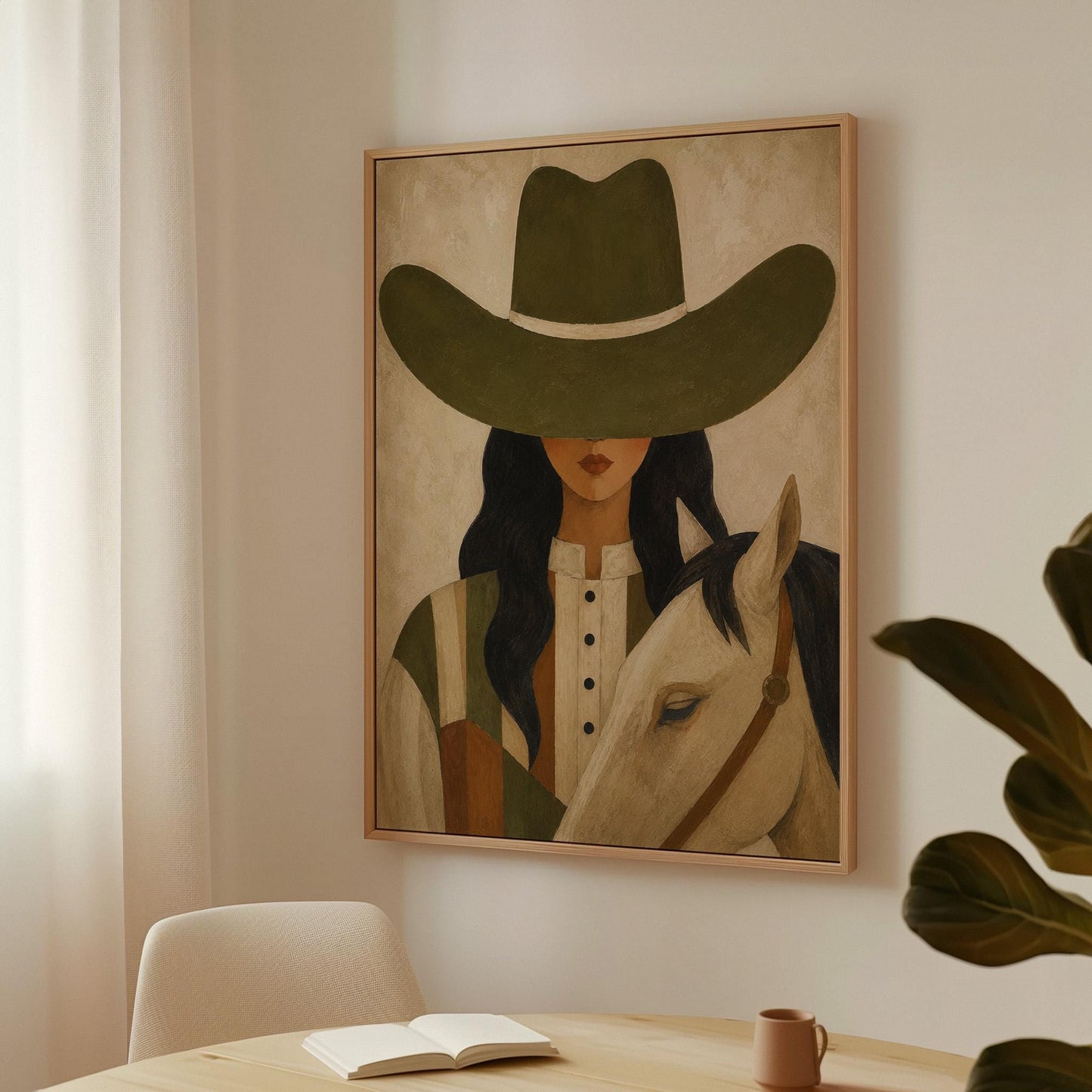 Cowgirl in an olive hat leaning close to a pale white horse, canvas print hanging in a calm, modern living space